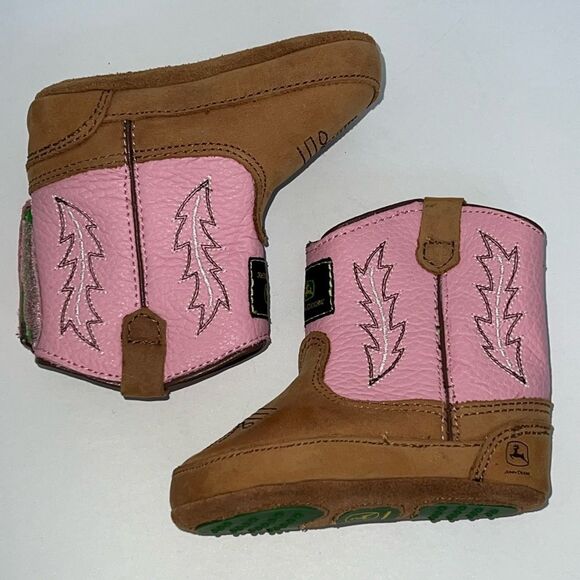 John Deere Infant Baby Girl Cowgirl Boots Pink Tan Leather Size 4 Soft Sole Grip - Picture 8 of 13